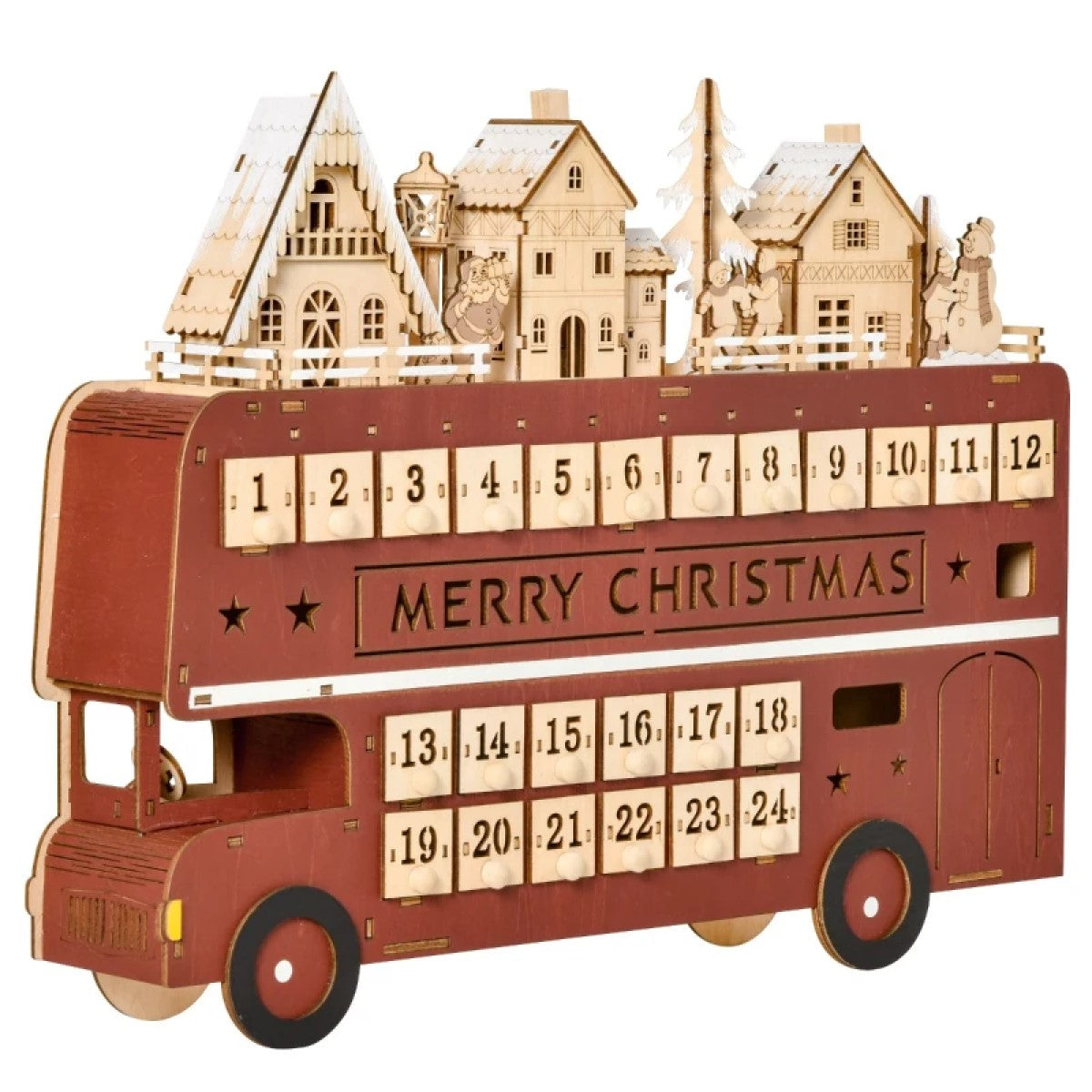 Light-Up Wooden Christmas Advent Calendar with Countdown Drawer and Santa Bus Decor