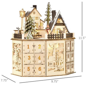 Light-Up Wooden Christmas Advent Calendar with Countdown Drawers and Village Decor