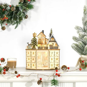 Light-Up Wooden Christmas Advent Calendar with Countdown Drawers and Village Decor