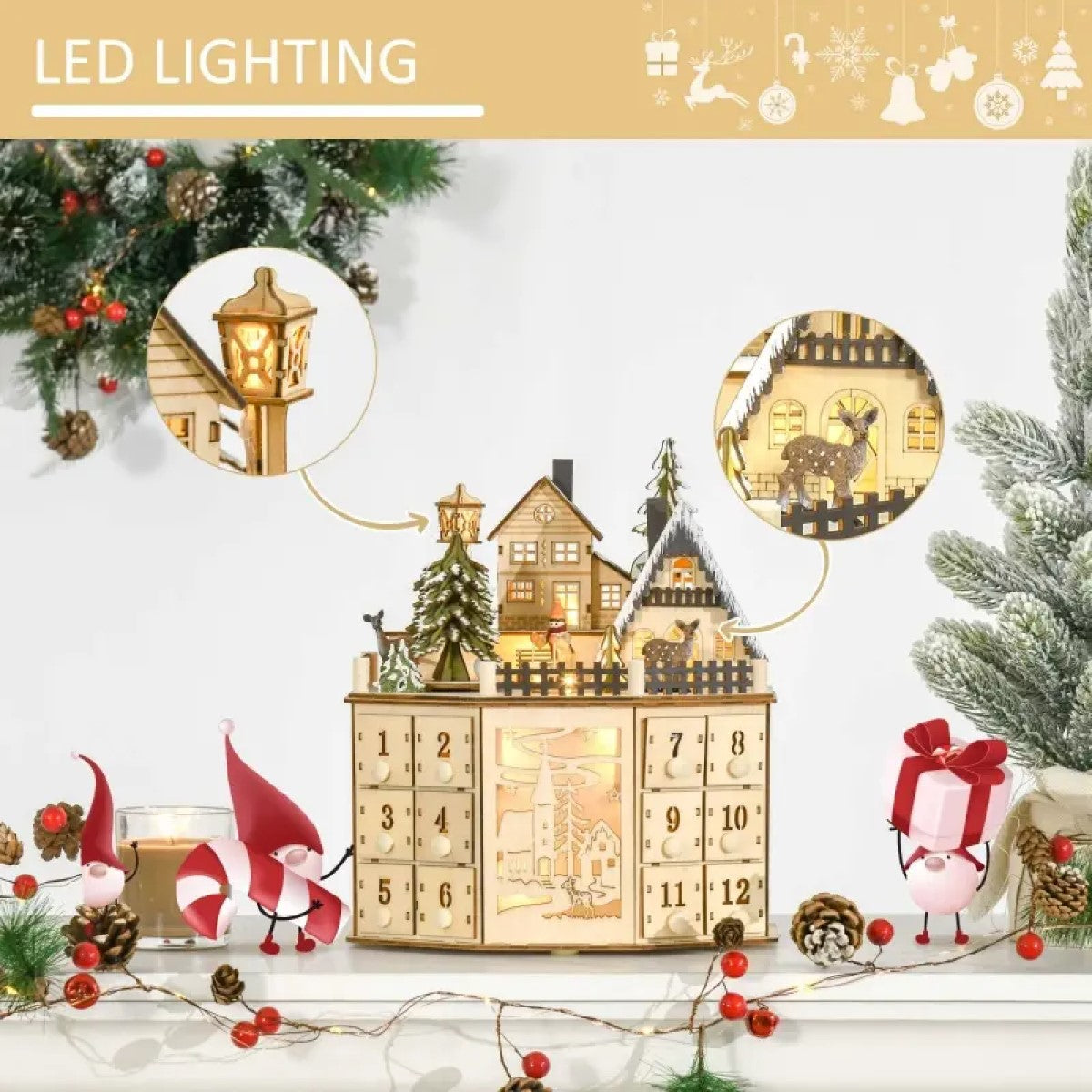 Light-Up Wooden Christmas Advent Calendar with Countdown Drawers and Village Decor