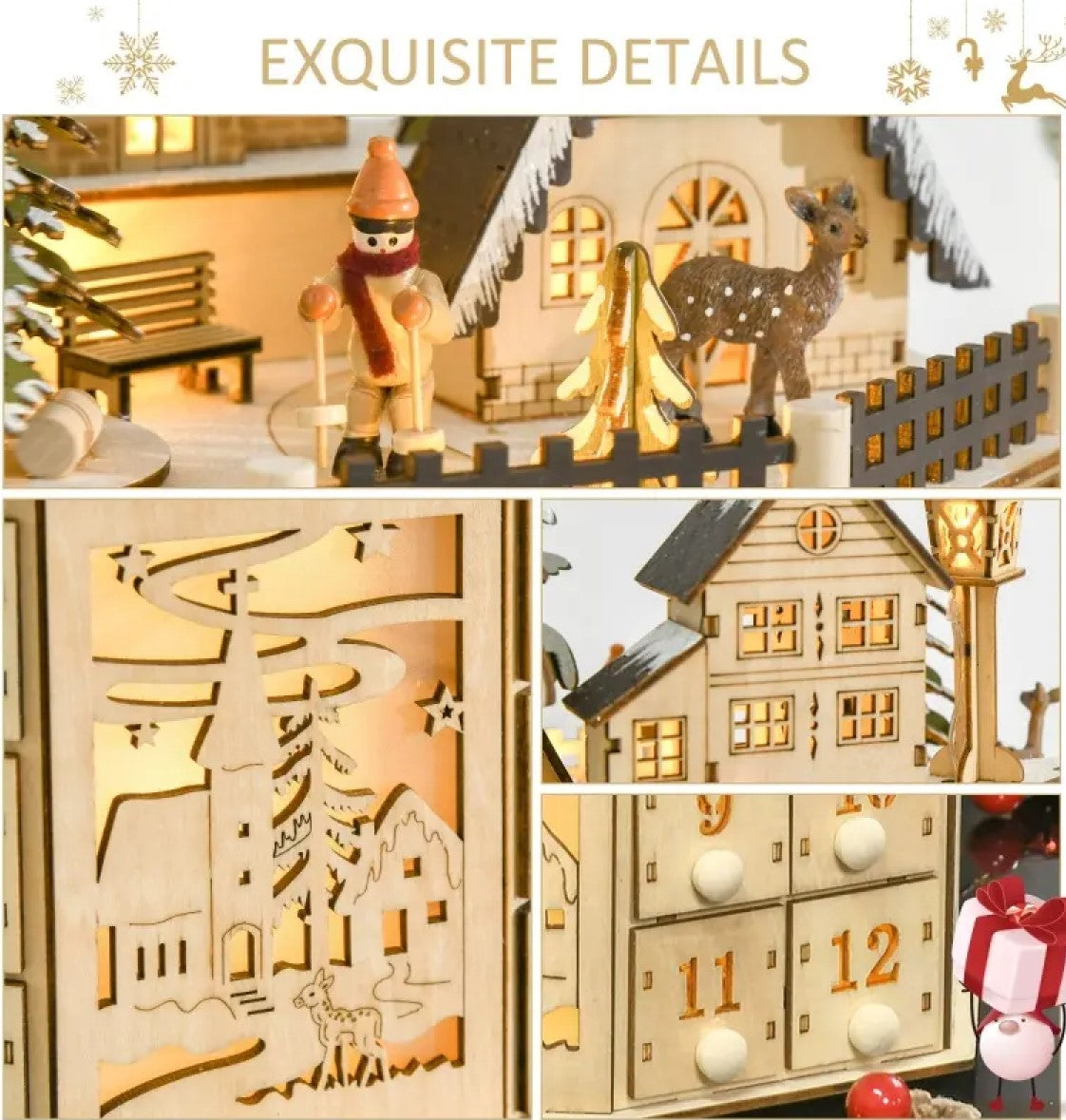 Light-Up Wooden Christmas Advent Calendar with Countdown Drawers and Village Decor