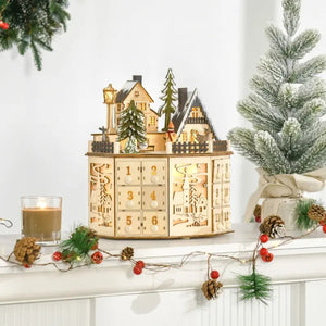 Light-Up Wooden Christmas Advent Calendar with Countdown Drawers and Village Decor