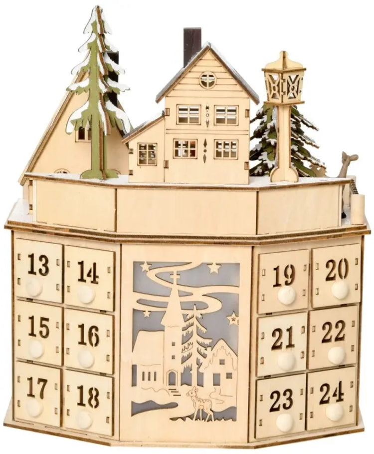 Light-Up Wooden Christmas Advent Calendar with Countdown Drawers and Village Decor