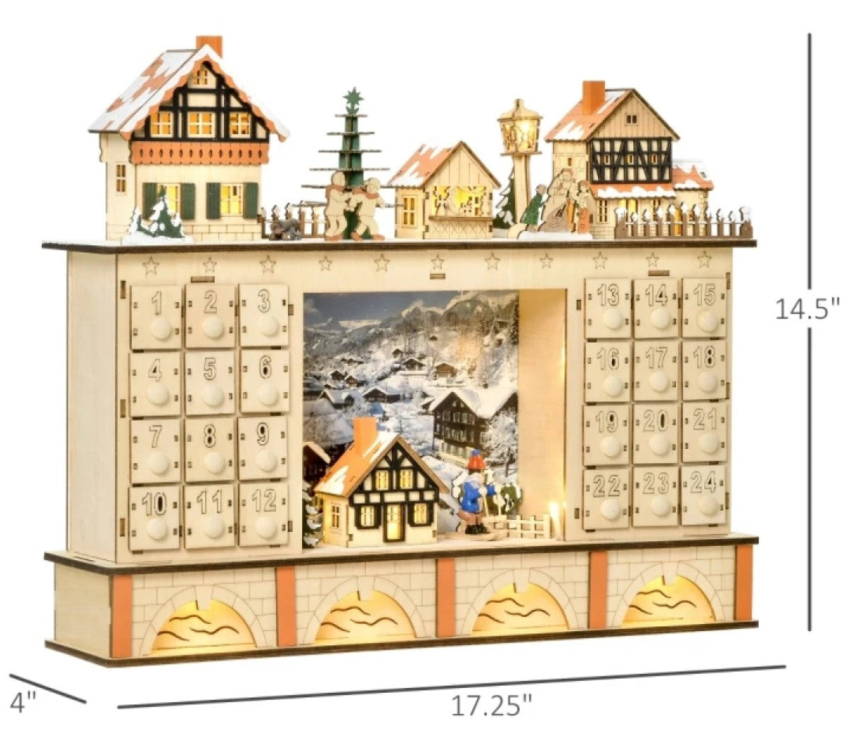 Light up Wooden Christmas Advent Calendar with Countdown Drawers, Village Scene, for All Ages