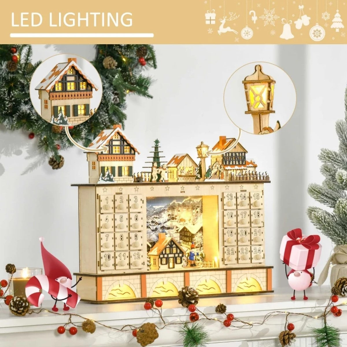 Light up Wooden Christmas Advent Calendar with Countdown Drawers, Village Scene, for All Ages