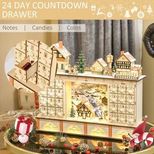 Light up Wooden Christmas Advent Calendar with Countdown Drawers, Village Scene, for All Ages