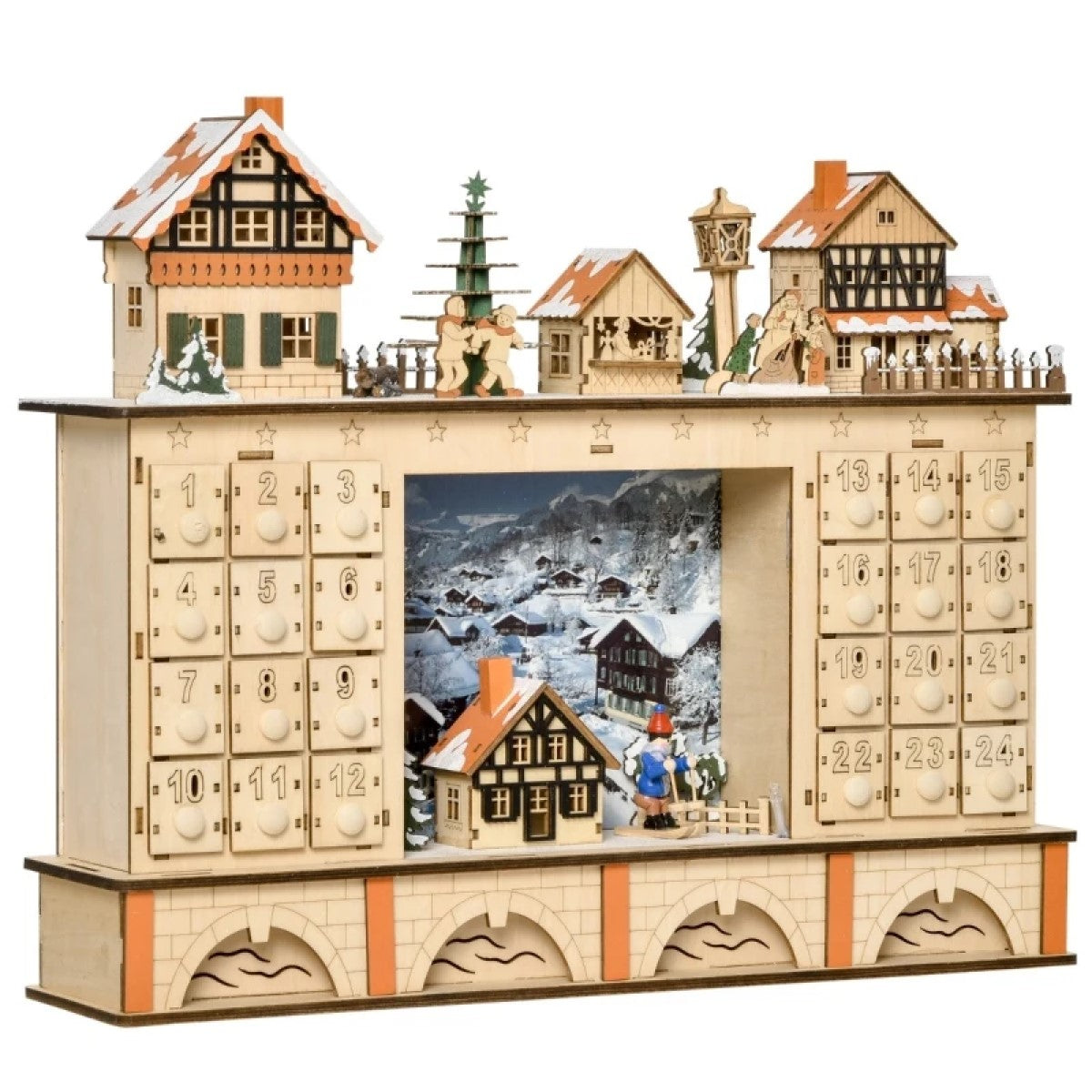 Light up Wooden Christmas Advent Calendar with Countdown Drawers, Village Scene, for All Ages