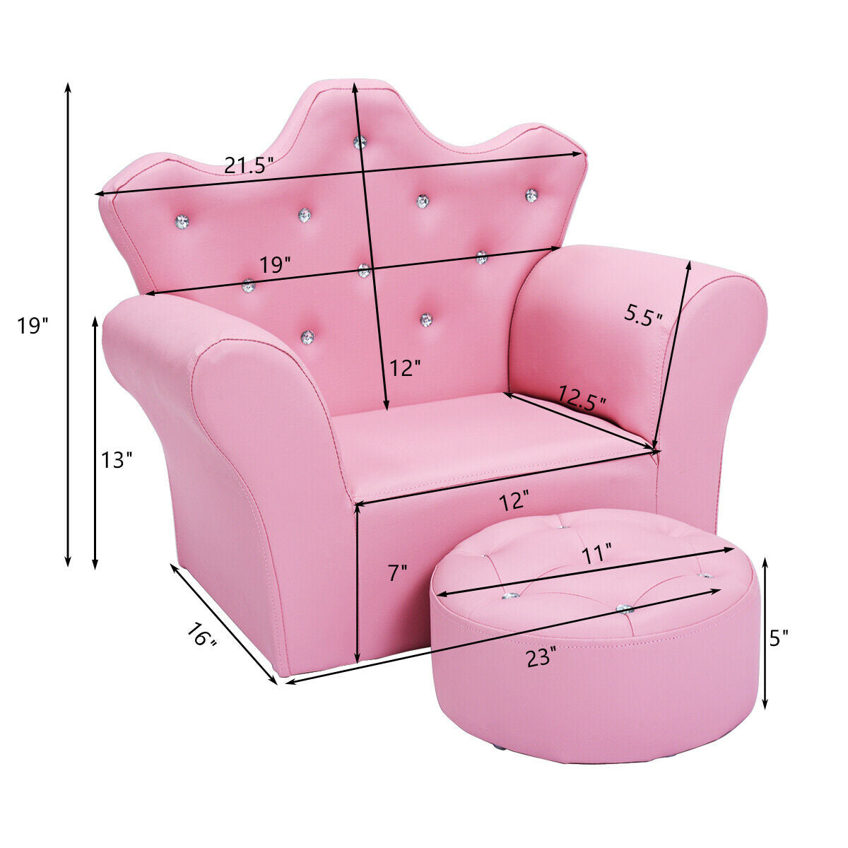 Pink children's chair and ottoman with dimensions on a white background
