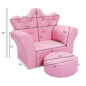 Pink children's chair and ottoman with dimensions on a white background