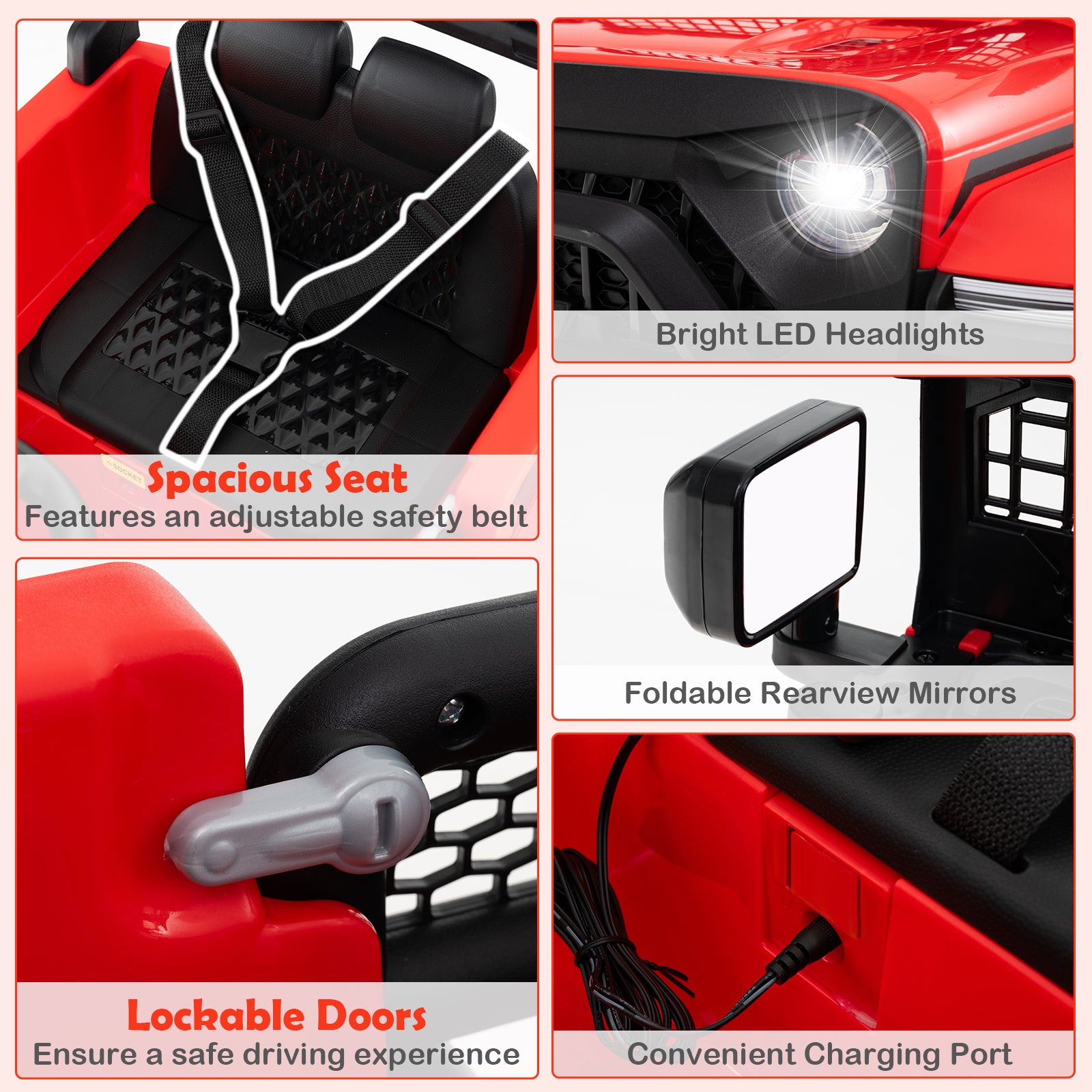 Collage of features of a red toy car with text labels.