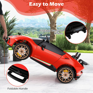 Red toy car with foldable handle and transport wheels on a wooden floor.