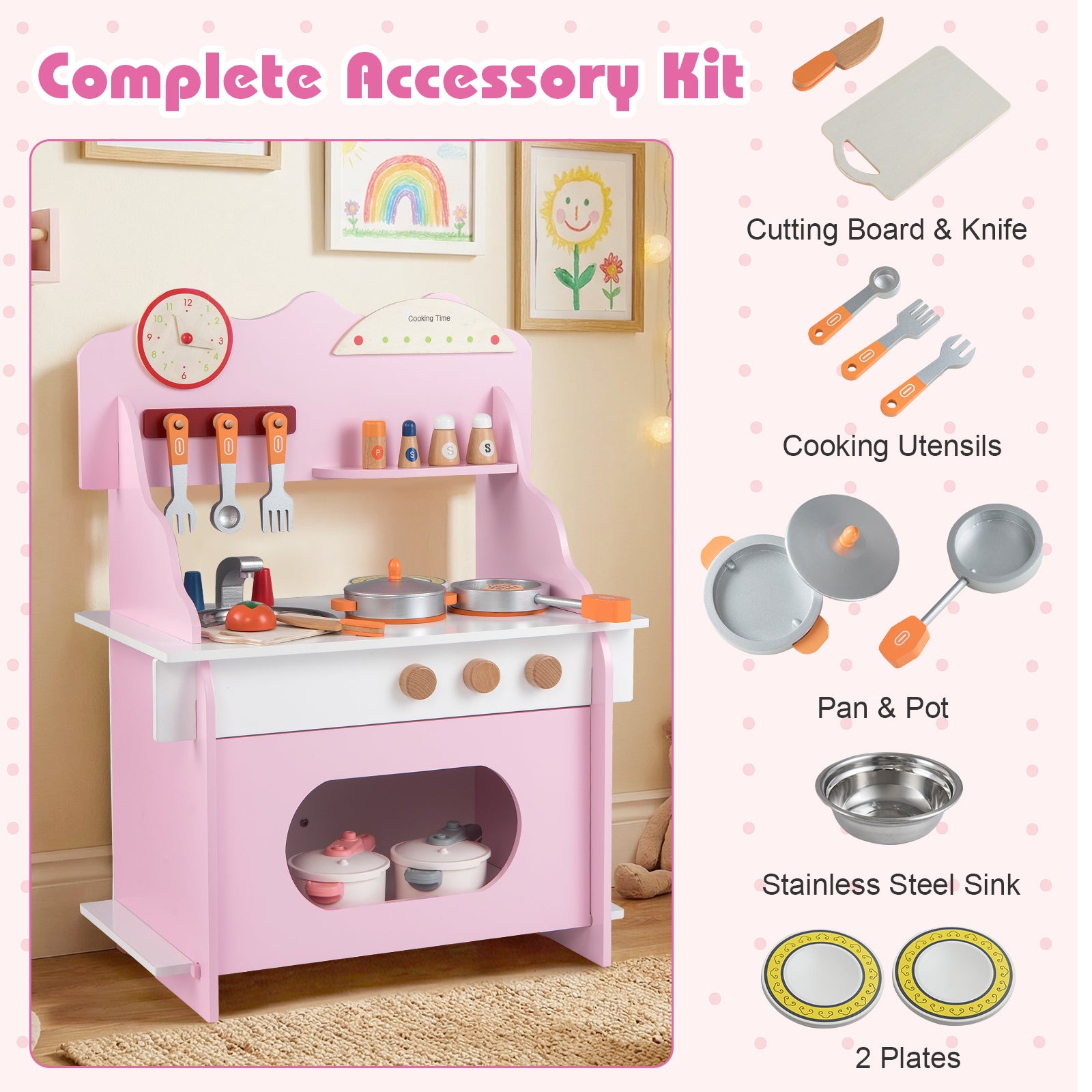 Children's play kitchen set with pink stove and accessories including cutting board, knife, cooking utensils, pans, pot, sink, and plates.