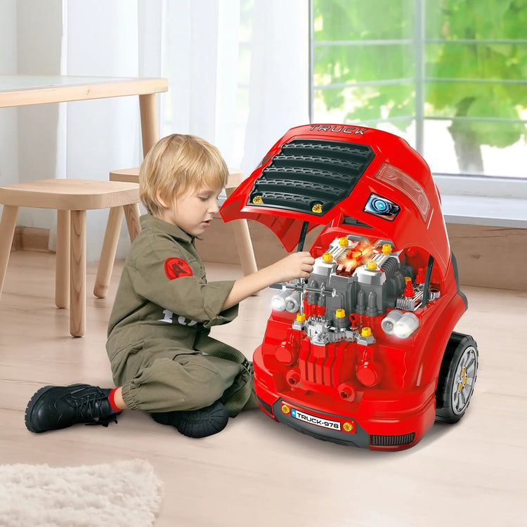 Car Service Play Set, Red Mechanic Kids Truck Engine Toy Set
