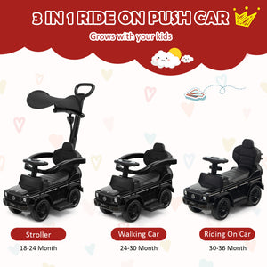 A promotional product graphic showing a black ride-on push car in three configurations: stroller, walking car, and riding on car, with age ranges labeled below each version. The top has marketing text reading '3 IN 1 RIDE ON PUSH CAR' and 'Grows with your kids' on a red cloud-shaped banner.
