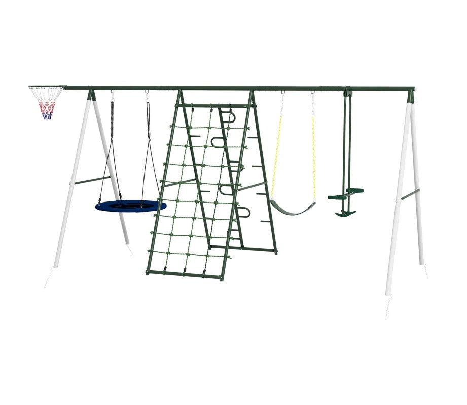 Metal Swing Set for Backyard with Saucer Swing, Basketball Hoop, Seat, Glider and Climbing Net