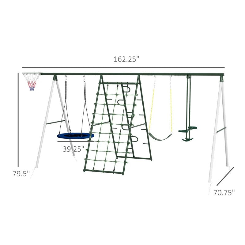 Metal Swing Set for Backyard with Saucer Swing, Basketball Hoop, Seat, Glider and Climbing Net