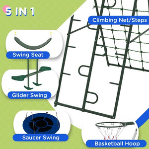 Metal Swing Set for Backyard with Saucer Swing, Basketball Hoop, Seat, Glider and Climbing Net