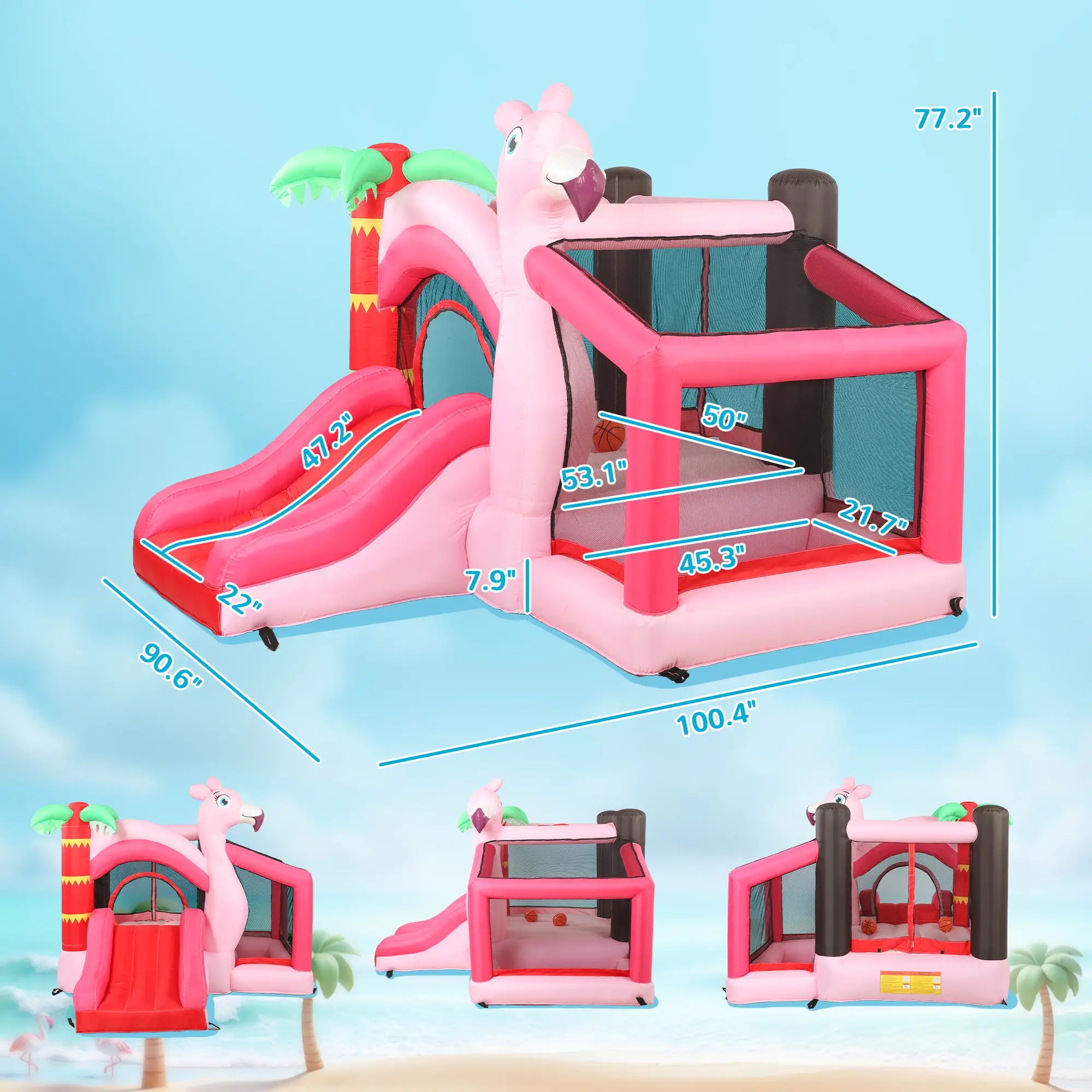 Pink inflatable flamingo-themed playground with measurements on a blue background