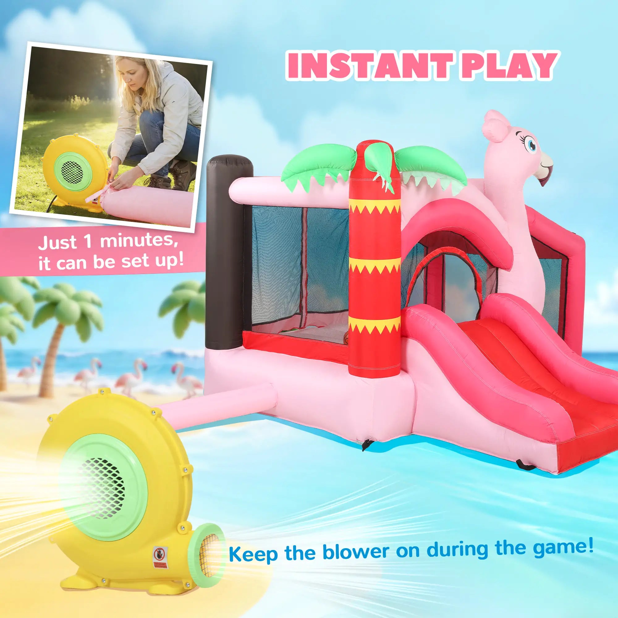 Inflatable play structure with slide and blower, set up instructions on a beach background.