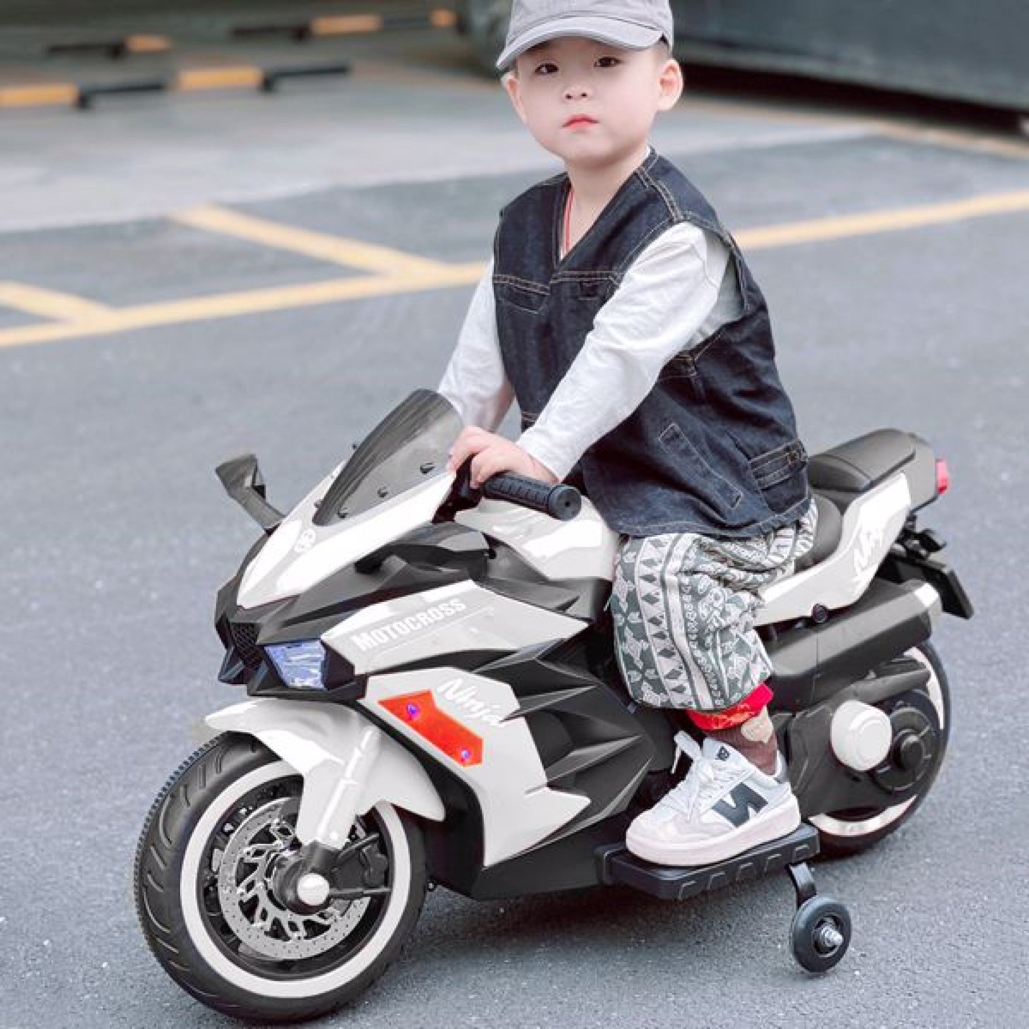 Rechargeable 12V Battery-Powered Kids Electric Motorbike 2 training power wheels Children's Toy Ride-on Motorcycles White