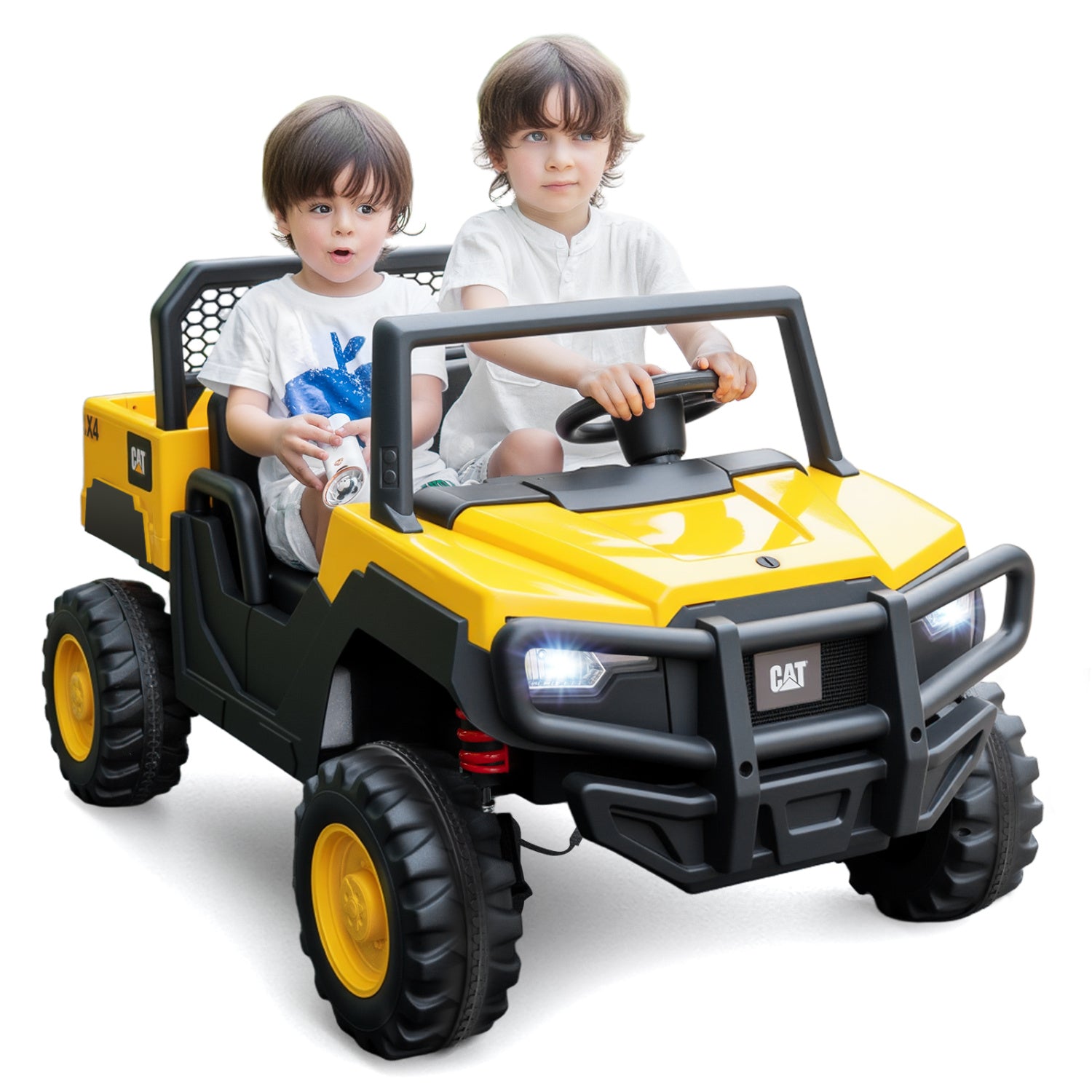 Two children sitting in a yellow and black toy vehicle with a visible brand logo on a white background.