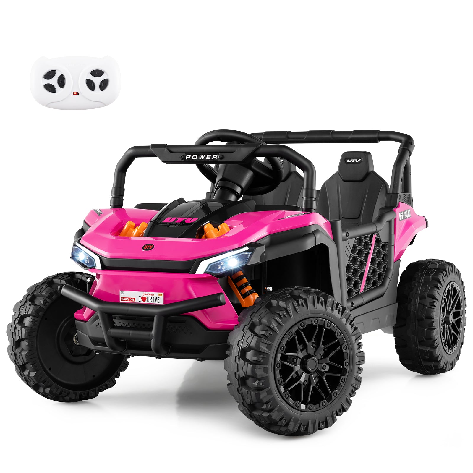Pink toy off-road vehicle with remote control on a white background