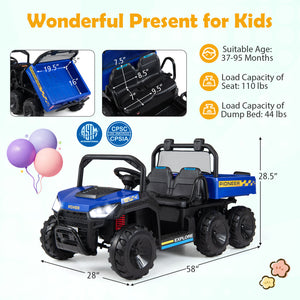 Toy truck with specifications and features on a white background