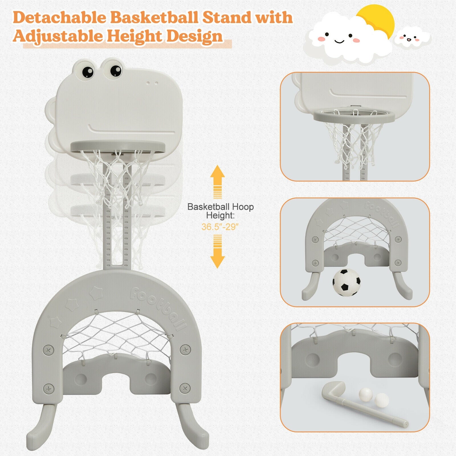 Detachable basketball stand with adjustable height design on a white background