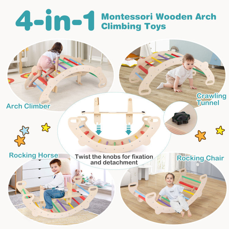 4-in-1 Wooden Climbing Toy Set with Rocker, Slide, and Crawling Tunnel for Kids