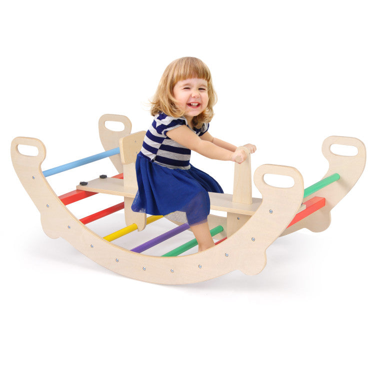 4-in-1 Wooden Climbing Toy Set with Rocker, Slide, and Crawling Tunnel for Kids