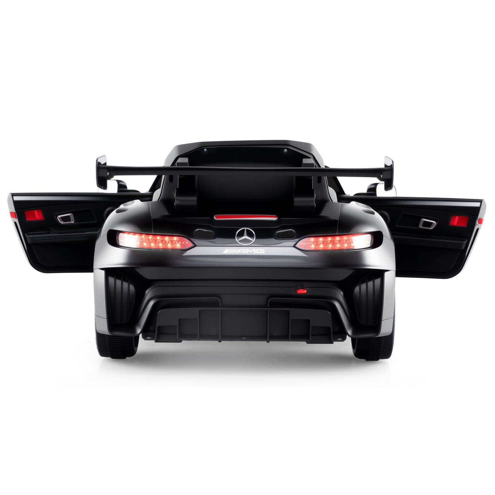 Mercedes-Benz AMG F1 car with open doors on a white background