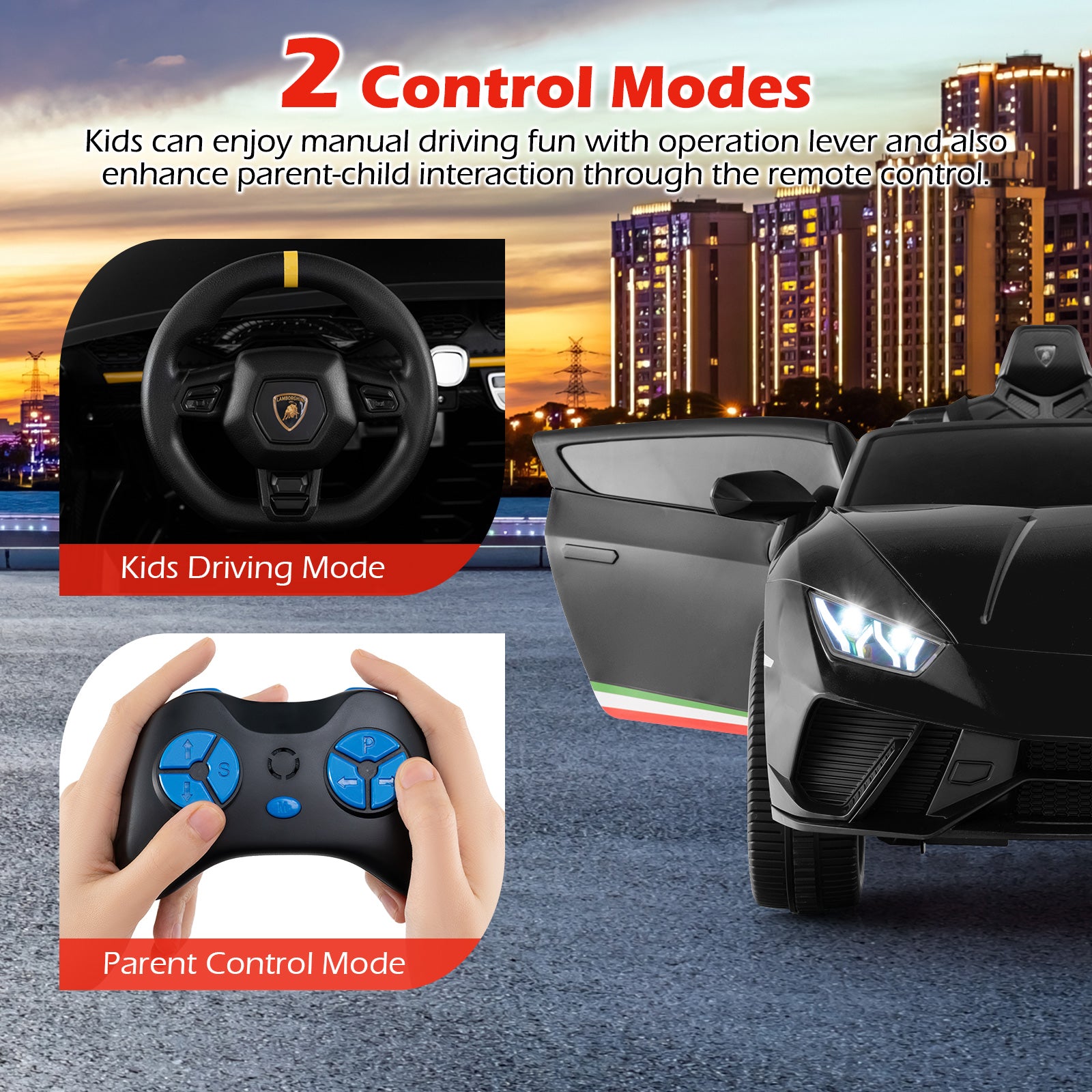 Black toy car with steering wheel and remote control, set against a cityscape background.