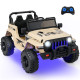 A beige and black off-road toy truck with large knobby tires, shown with a matching blue remote control on a plain white background.