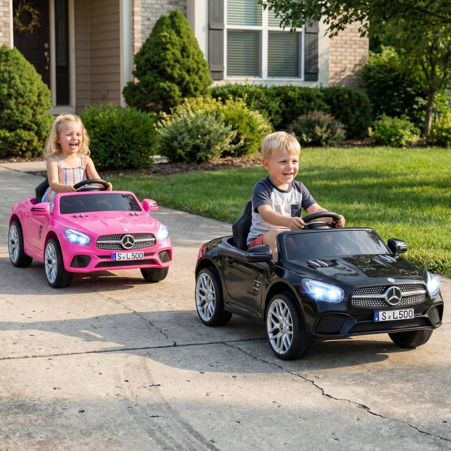 Two children playing with toy cars on a driveway.