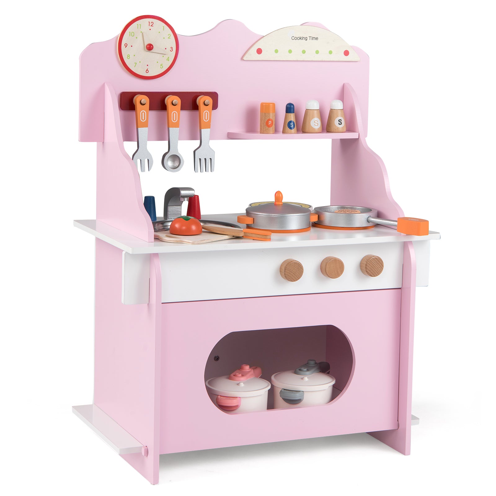 Pink toy kitchen set with various utensils and items on a white background