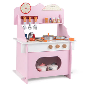Pink toy kitchen set with various utensils and items on a white background