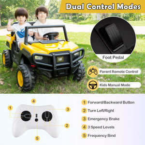 Children playing with a yellow and black toy car in a park, with control modes and features displayed.