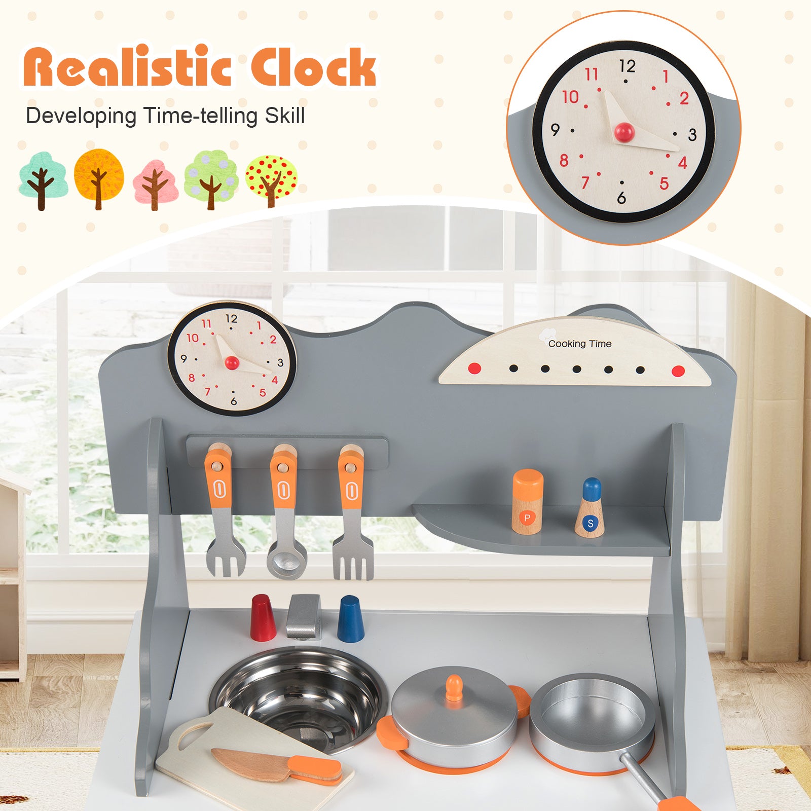 Toy kitchen set with clock and cooking utensils on a white surface.