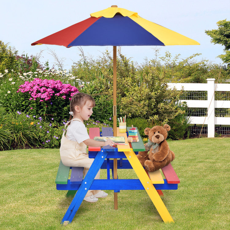 Outdoor 4-Seat Kids Picnic Table Set with Removable Umbrella for Kids and Family