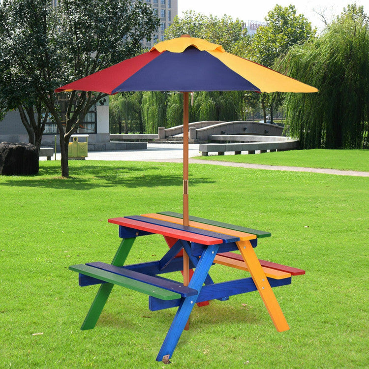 Outdoor 4-Seat Kids Picnic Table Set with Removable Umbrella for Kids and Family