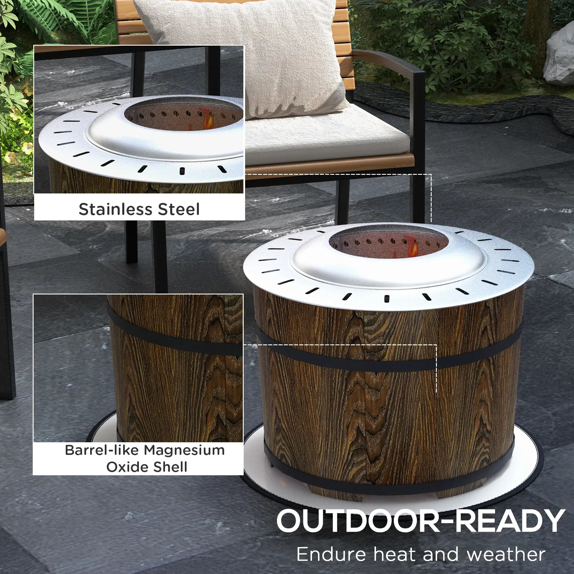Outdoor fire pit with wooden design and stainless steel top, surrounded by patio furniture.