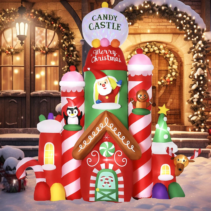 Outsunny 10ft Inflatable Christmas Candy Castle | Giant LED Blow-Up Yard Decor with Rotating Lights for Outdoor Lawn & Garden Holiday Display