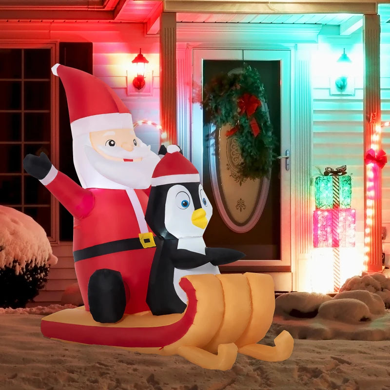 Outsunny 5ft Christmas Inflatables Santa & Penguin Sleigh | LED Yard Decor for Outdoors