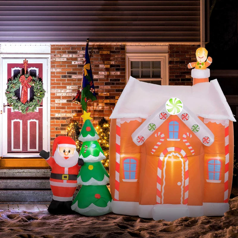 Outsunny 7FT Gingerbread House Inflatable | LED Christmas Blow-Up Decoration for Yard