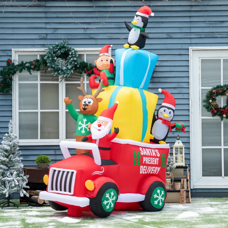 Outsunny 9FT Christmas Inflatable Santa in Gift Car with Elk, Elf & Penguins | LED Yard Decor