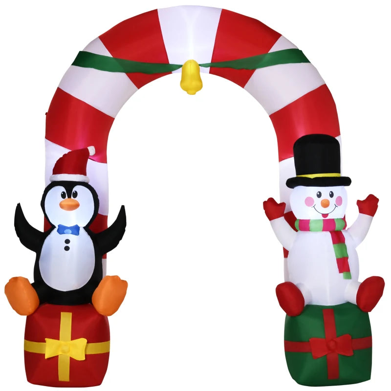 Outsunny 9ft Christmas Inflatable Candy Cane Archway with Penguin & Snowman | LED Yard Decor for Lawn & Garden