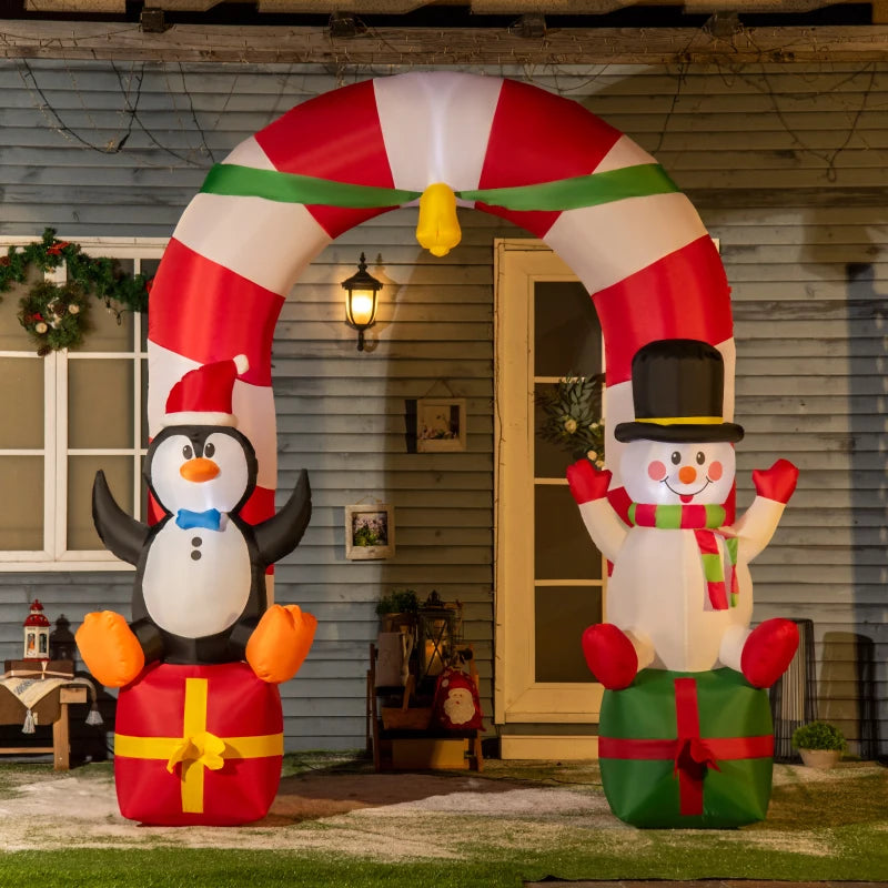 Outsunny 9ft Christmas Inflatable Candy Cane Archway with Penguin & Snowman | LED Yard Decor for Lawn & Garden