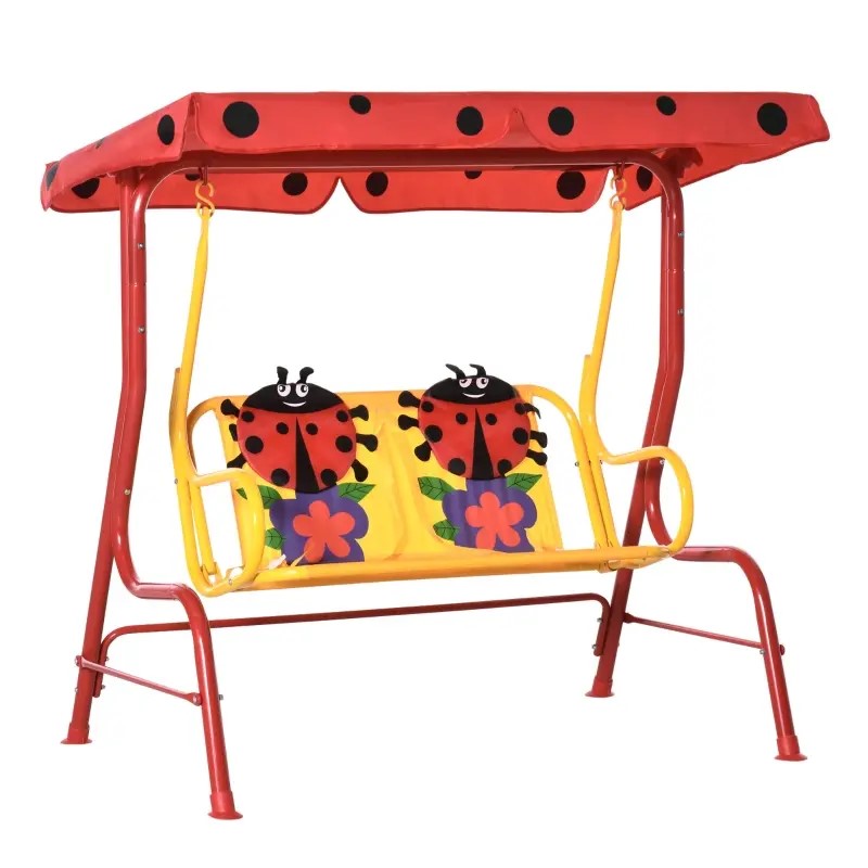 Outsunny Kids Porch Swing with Adjustable Canopy & Seatbelts, Ages 3-6, Ladybug Design