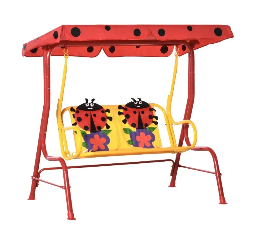 Outsunny Kids Porch Swing with Adjustable Canopy & Seatbelts, Ages 3-6, Ladybug Design