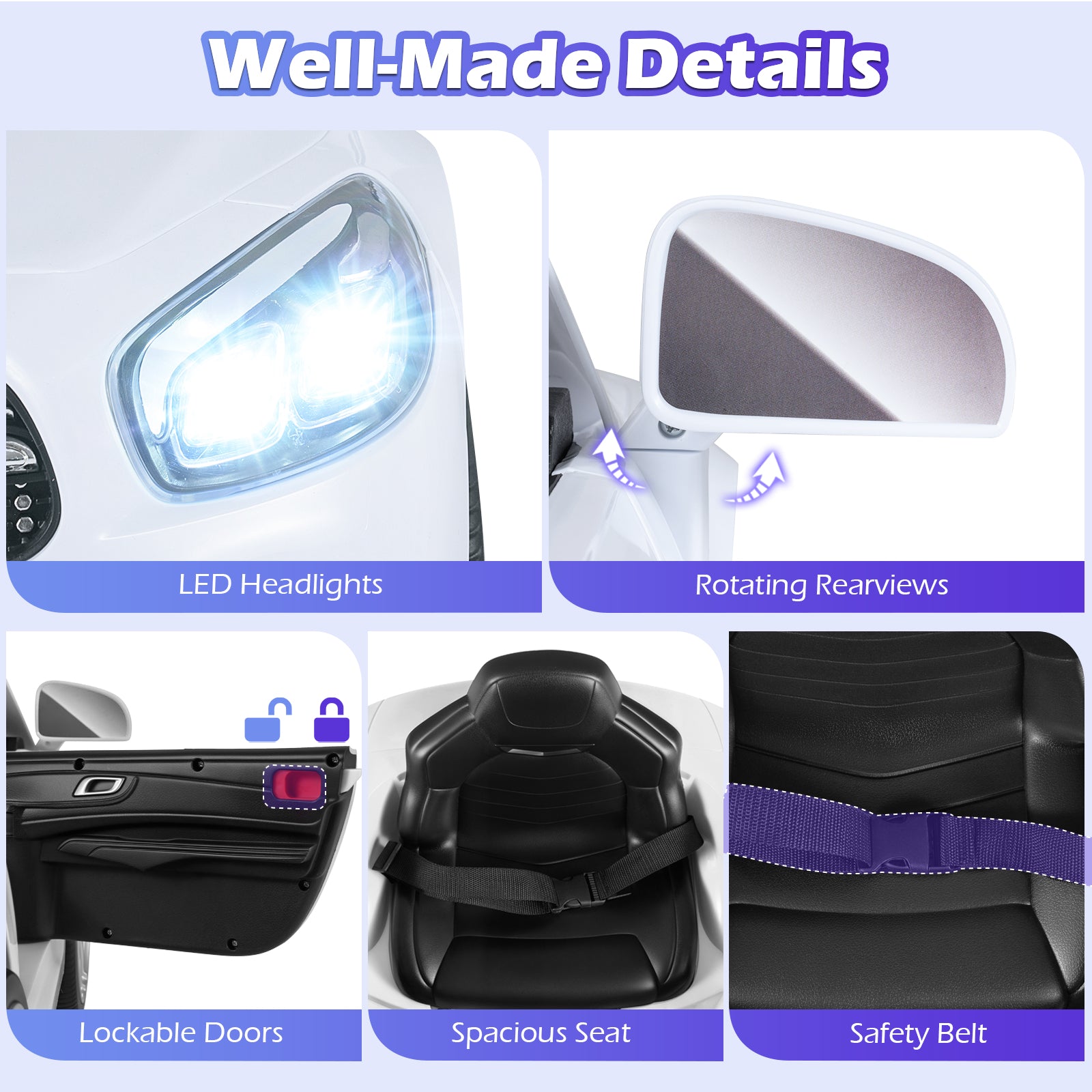 Collage of car features including LED headlights, rotating rearview mirrors, lockable doors, spacious seat, and safety belt.